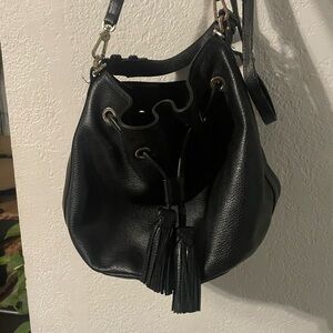 Black Leather Drawstring Shoulder Bag with Tassels